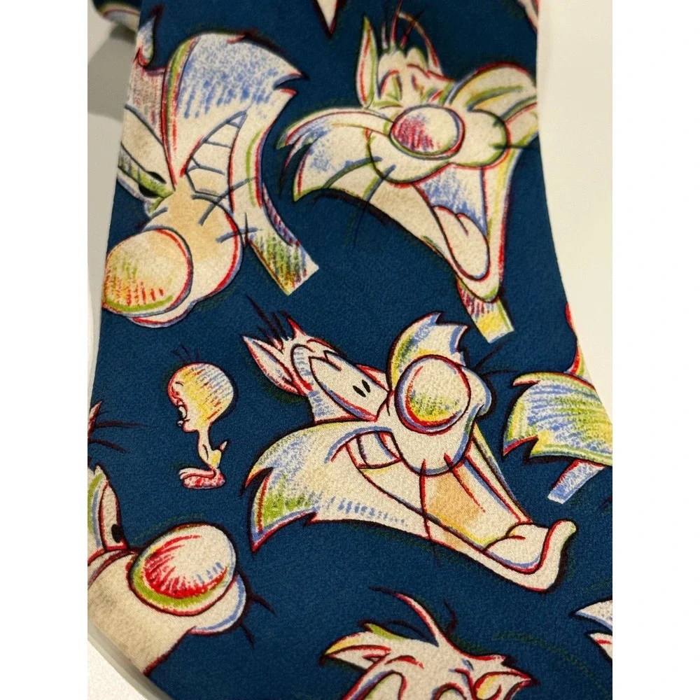 Vintage 1993 Looney‎ Tunes Sylvester Tweety Silk Tie Balancine Blue Cartoon 90s